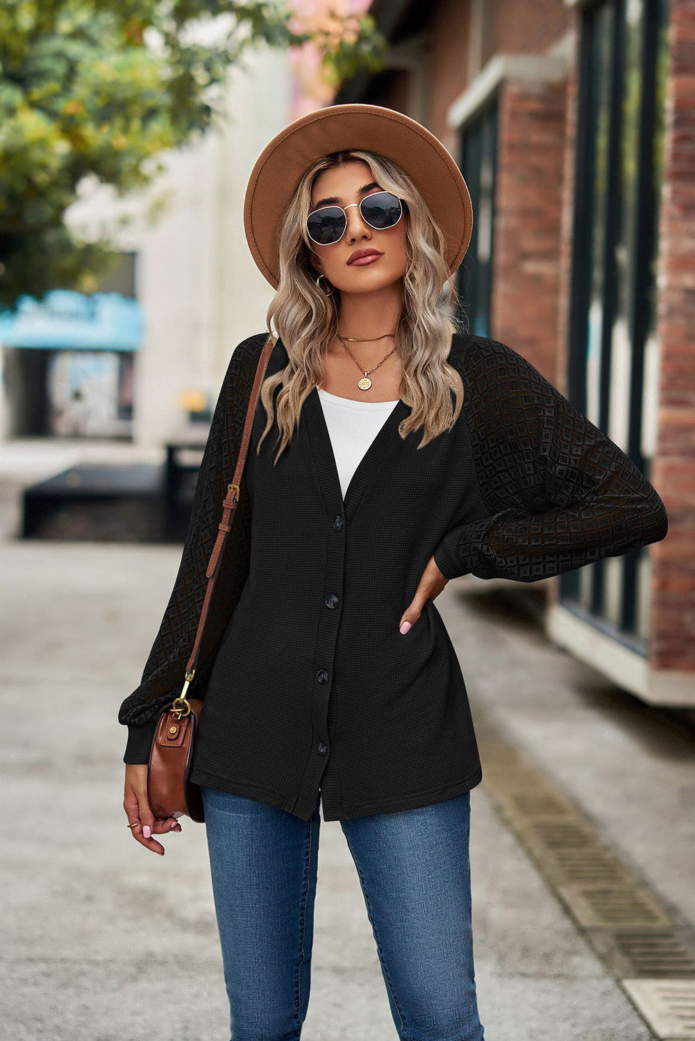 Waffled Knit Lace Long Sleeve Buttoned Cardigan