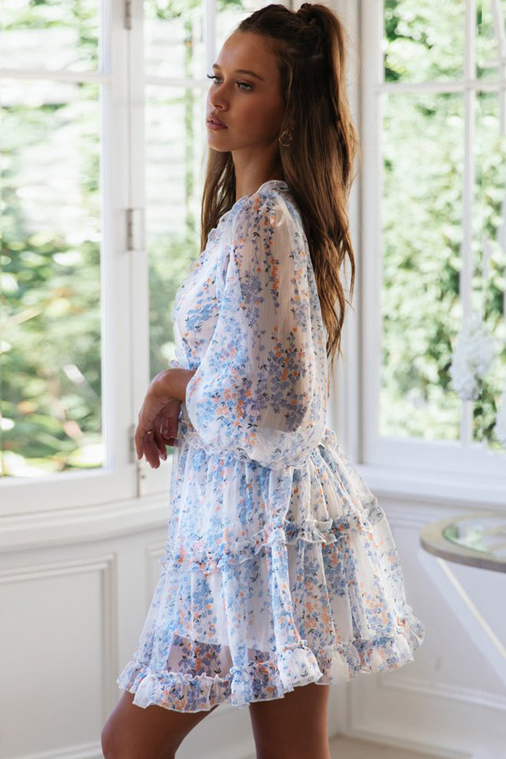 Blue Ruffle Detailing Open Back Floral Dress