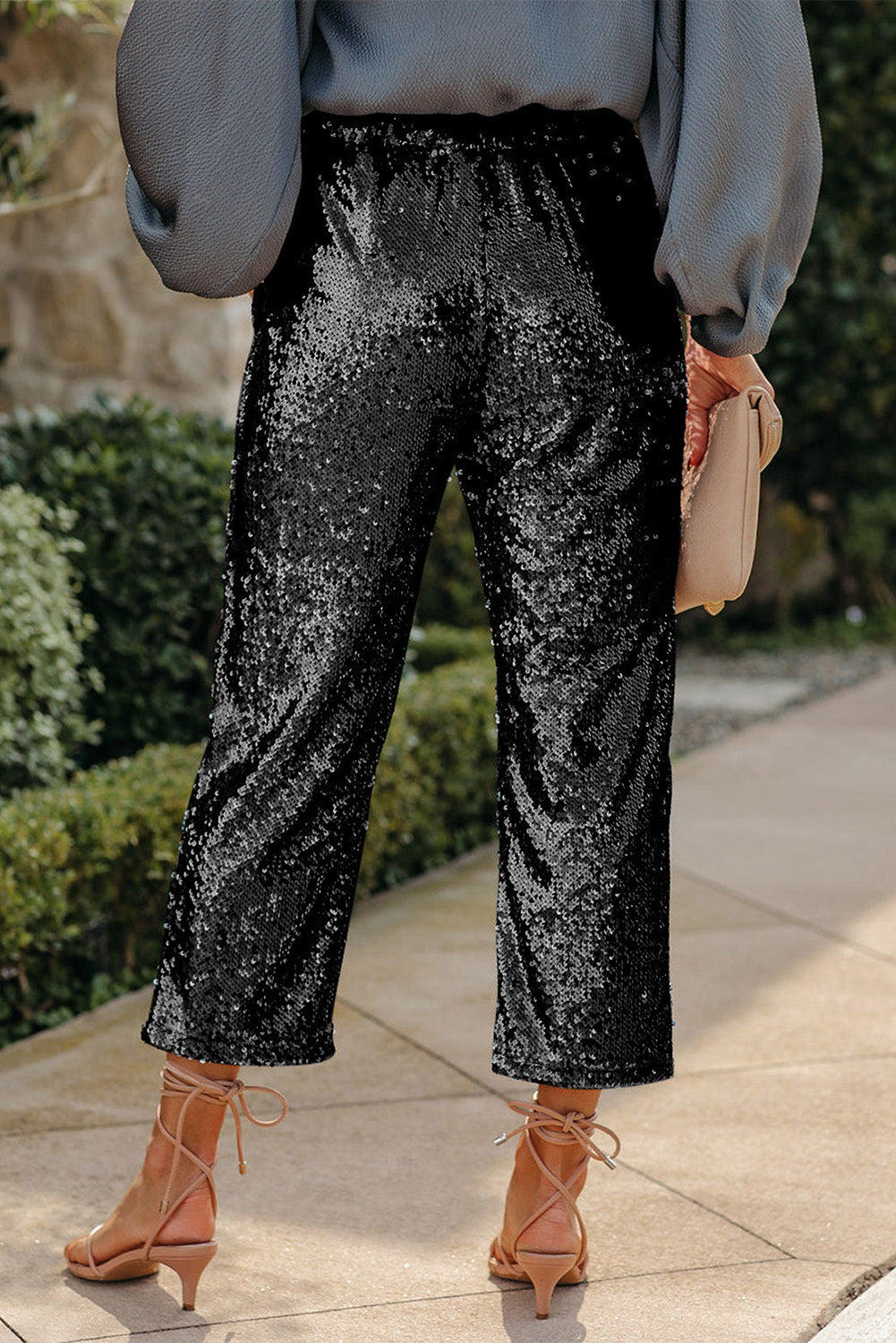 Black Pocketed Sequin Crop Pants