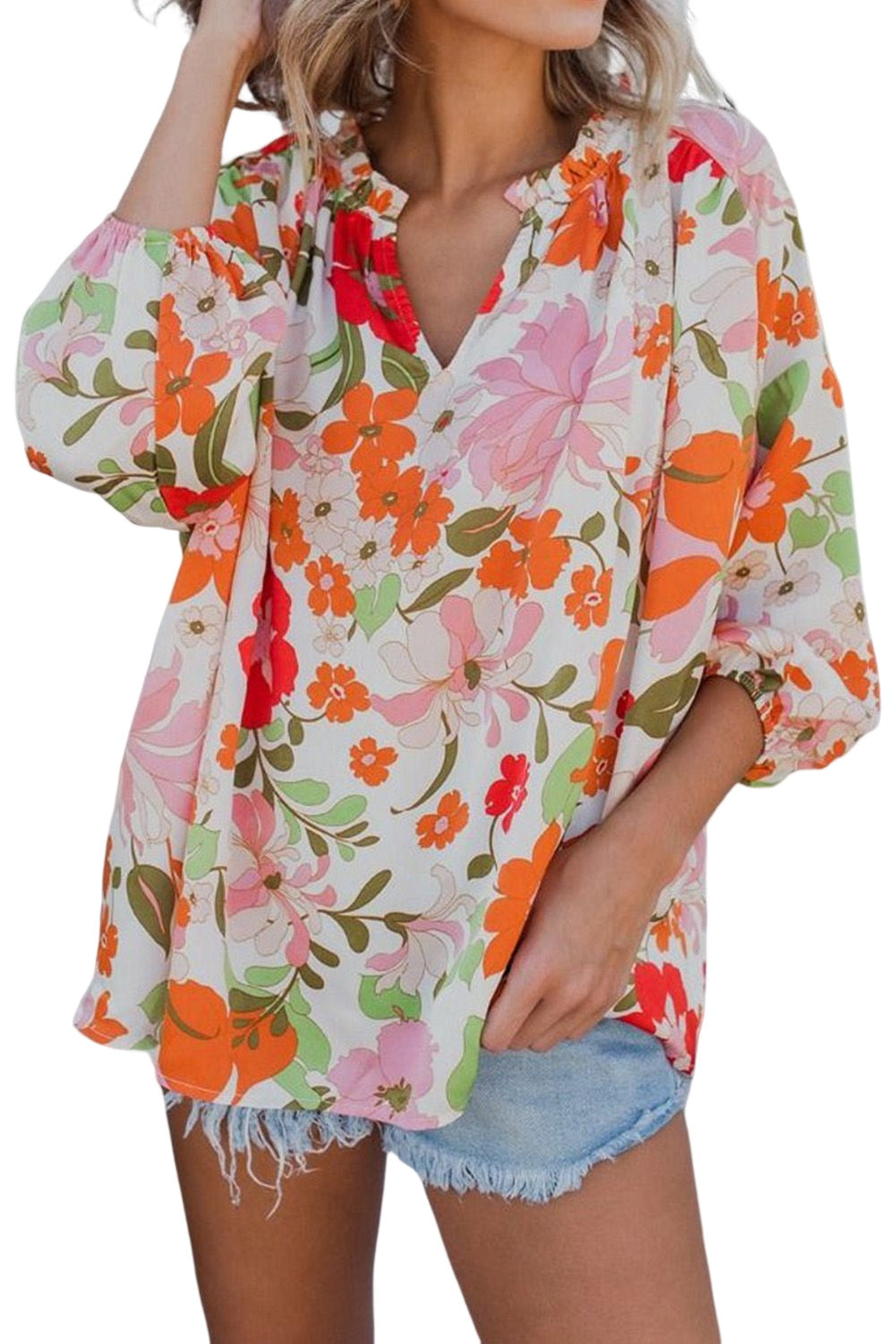 Orange Blooming Flowers Frill Trim Puff Sleeve Blouse