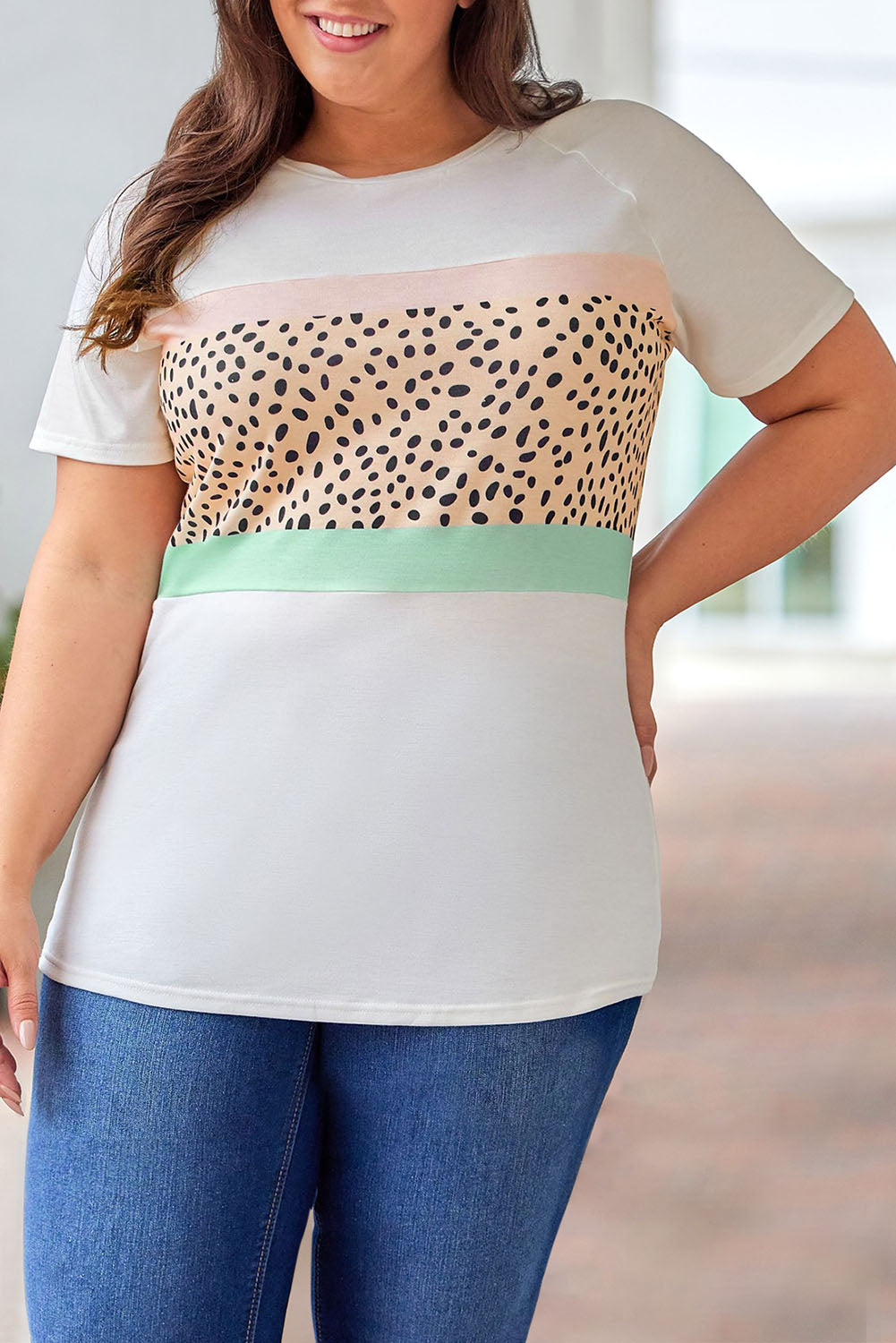 White Leopard Color Block Plus Size T Shirt