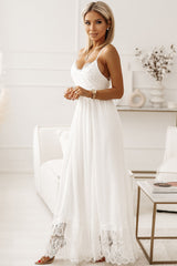 White Spaghetti Strap Backless Contrast Lace Wedding Dress