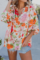 Orange Blooming Flowers Frill Trim Puff Sleeve Blouse