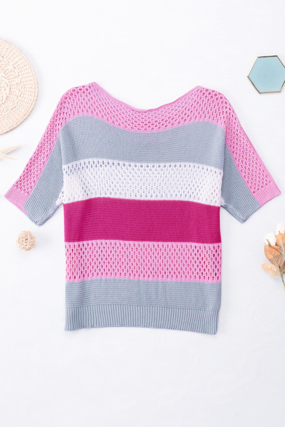 Sky Blue Knitted Eyelet Colorblock Striped Half Sleeves Top