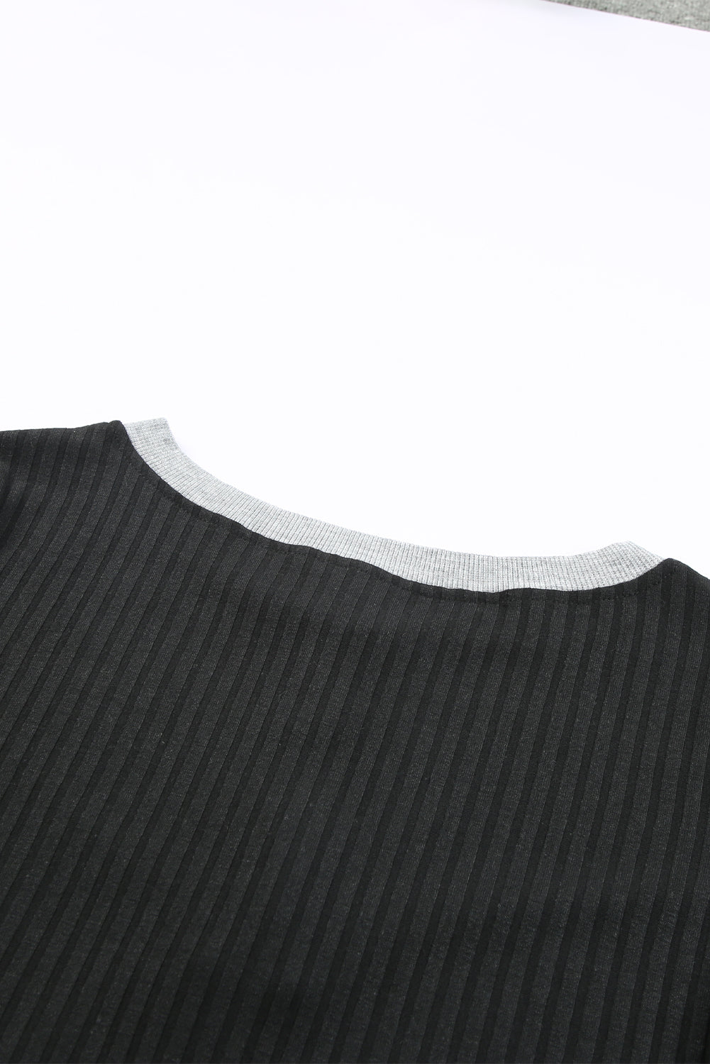 Black Contrast Neckline Ribbed Knit Henley Top