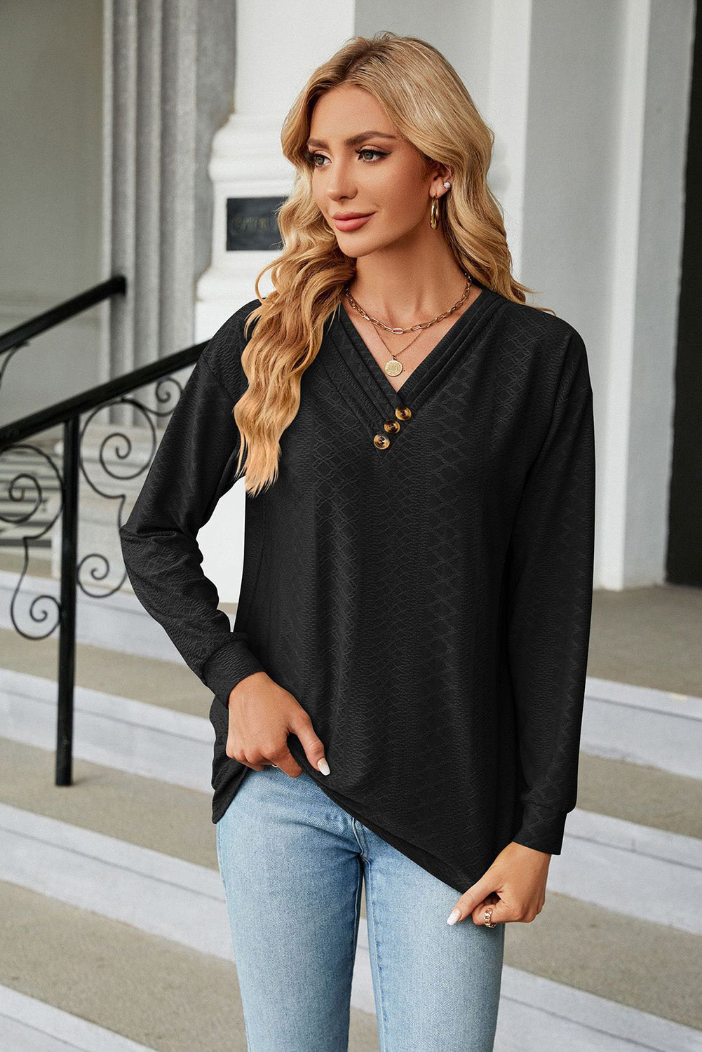 Black Pleated V Neck Jacquard Long Sleeve Top