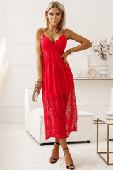 Red Lace V Neck Wrap Spaghetti Straps Maxi Dress