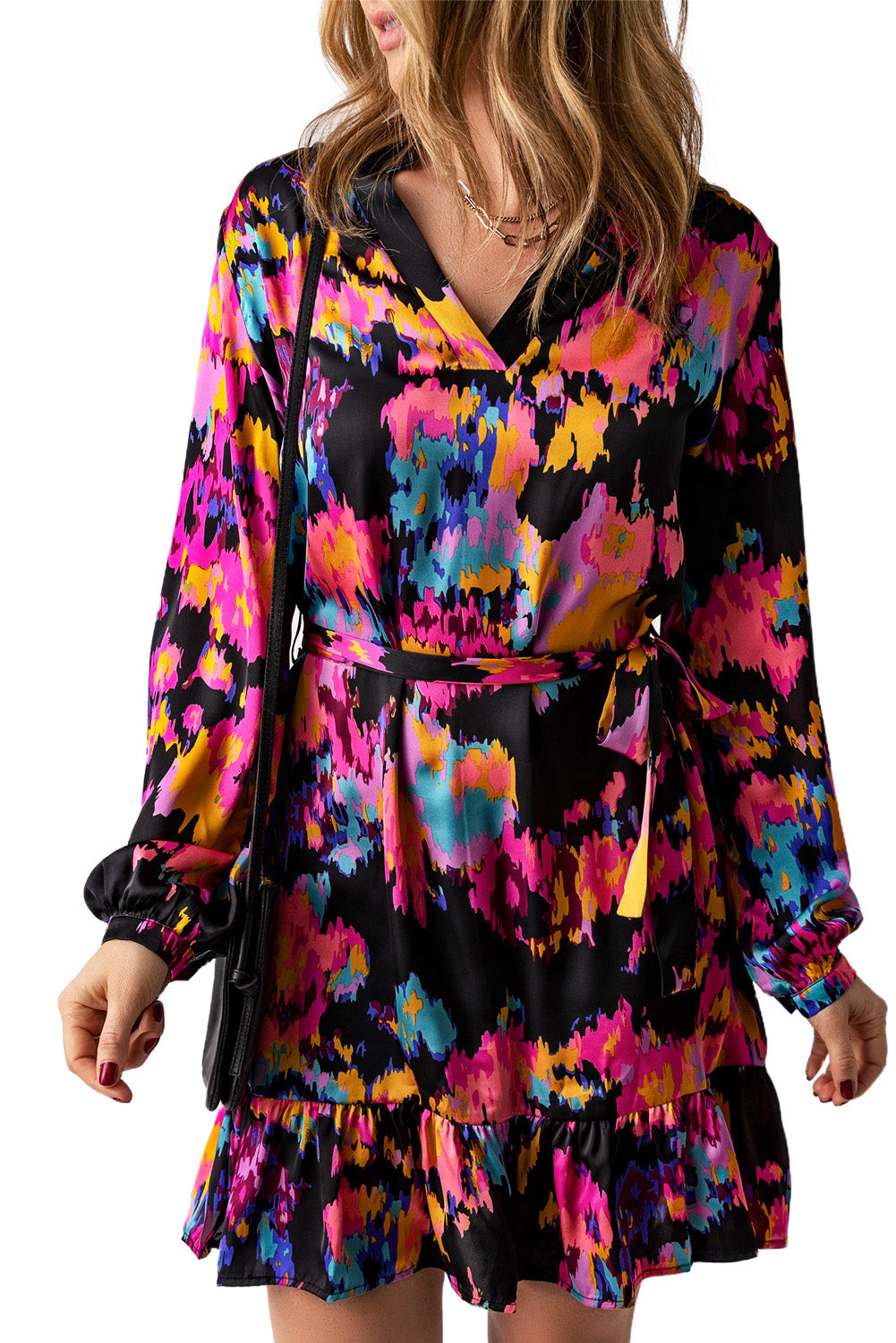 Green Abstract Print Ruffled Drawstring High Waist Mini Dress