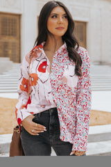 Red Floral Patchwork Buttoned Shirt with Pocket