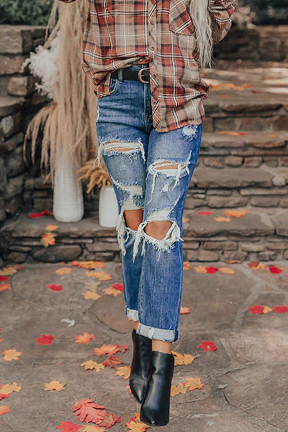 Blue Vintage Distressed Boyfriend Ripped Jeans