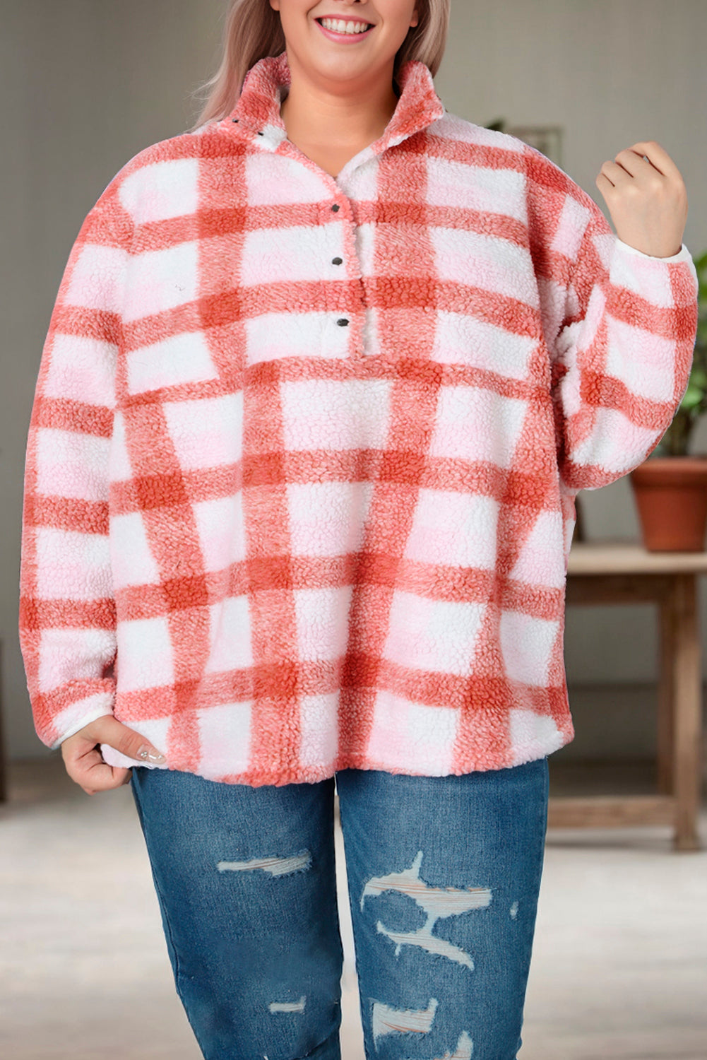 Pink Plus Size Tunic Plaid Sherpa Henley Sweatshirt