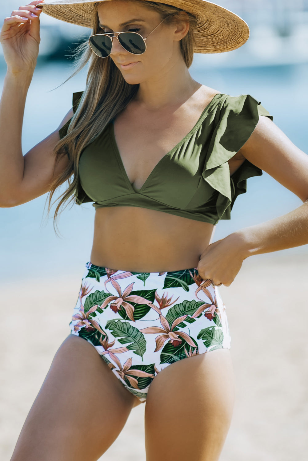 Blue Floral Ruffled Hem High Waist Bikini Set