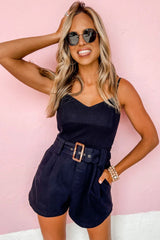 Black Shirred Back Buckle Belted Romper