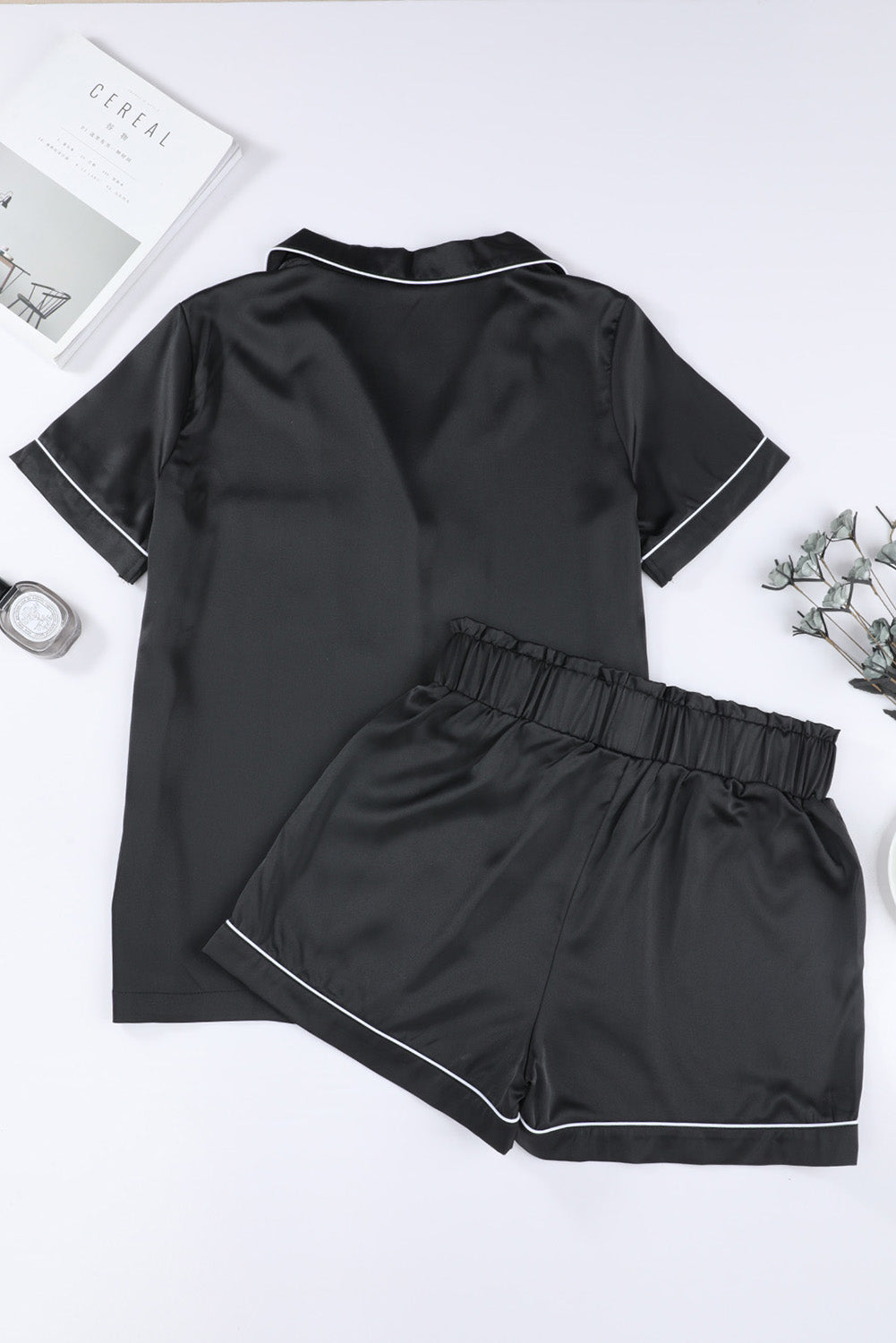 Black Contrast Trim Short Sleeve Two-piece Pajamas Set