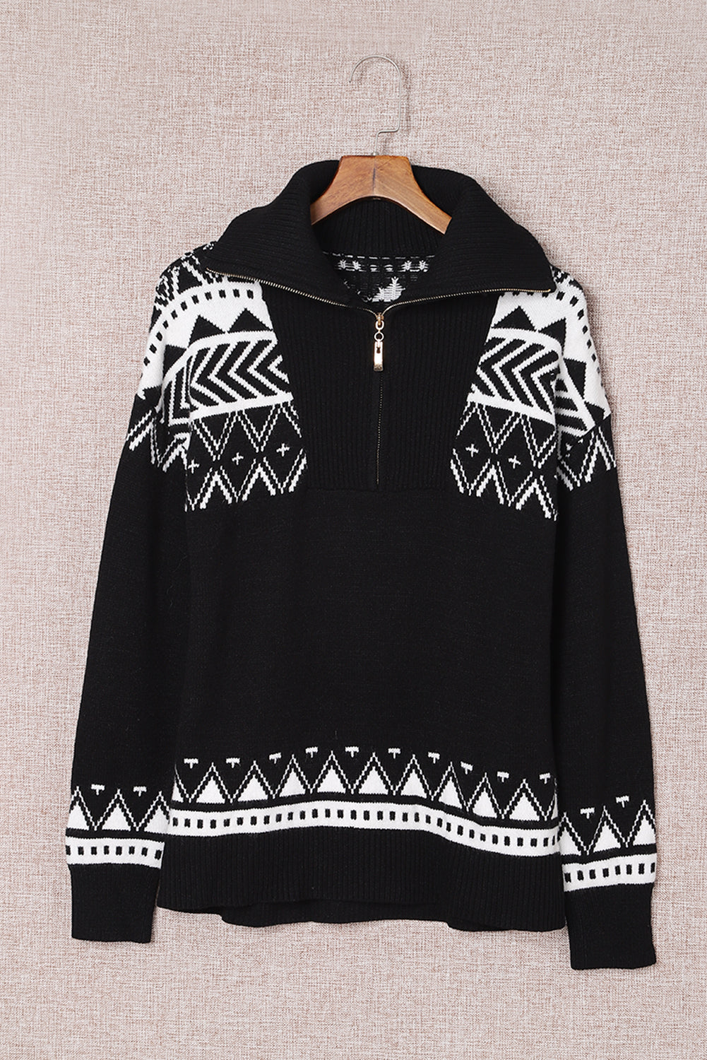 Blue Geometry Knit Quarter Zip Sweater