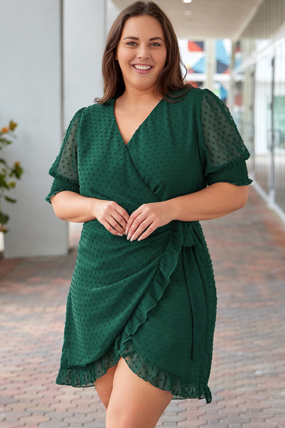 Green Plus Size Swiss Dot Puff Sleeve Wrap Dress