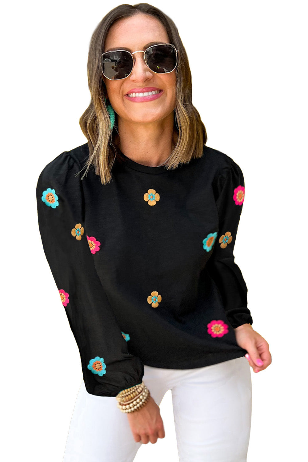 Black Embroidered Flower Short Puff Sleeve Tee