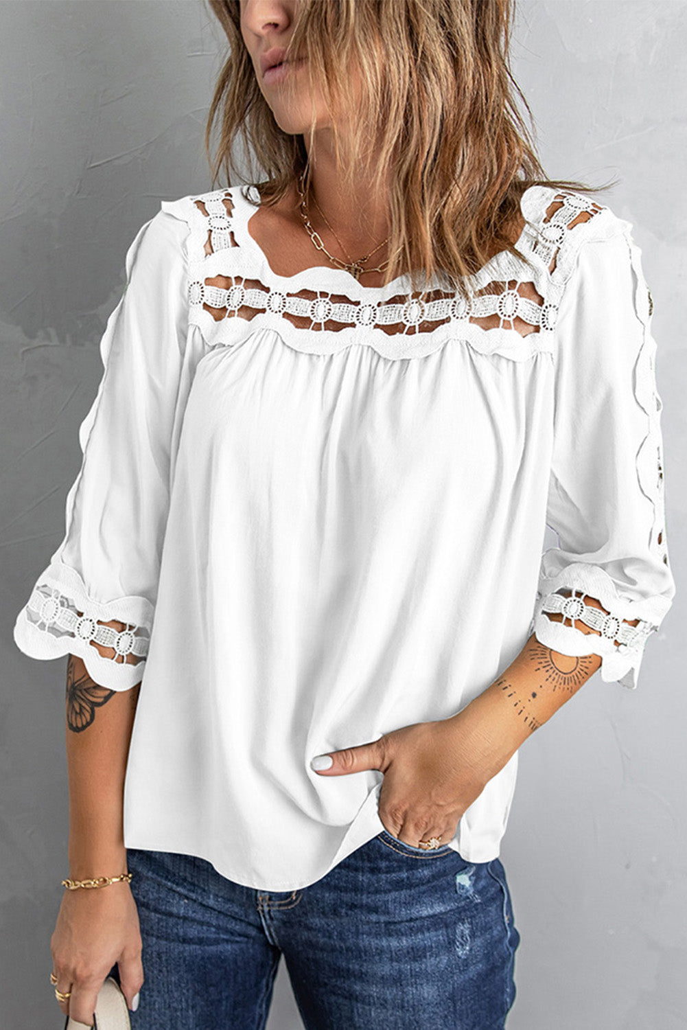 Black Lace Trim Half Sleeve Plus Size Top