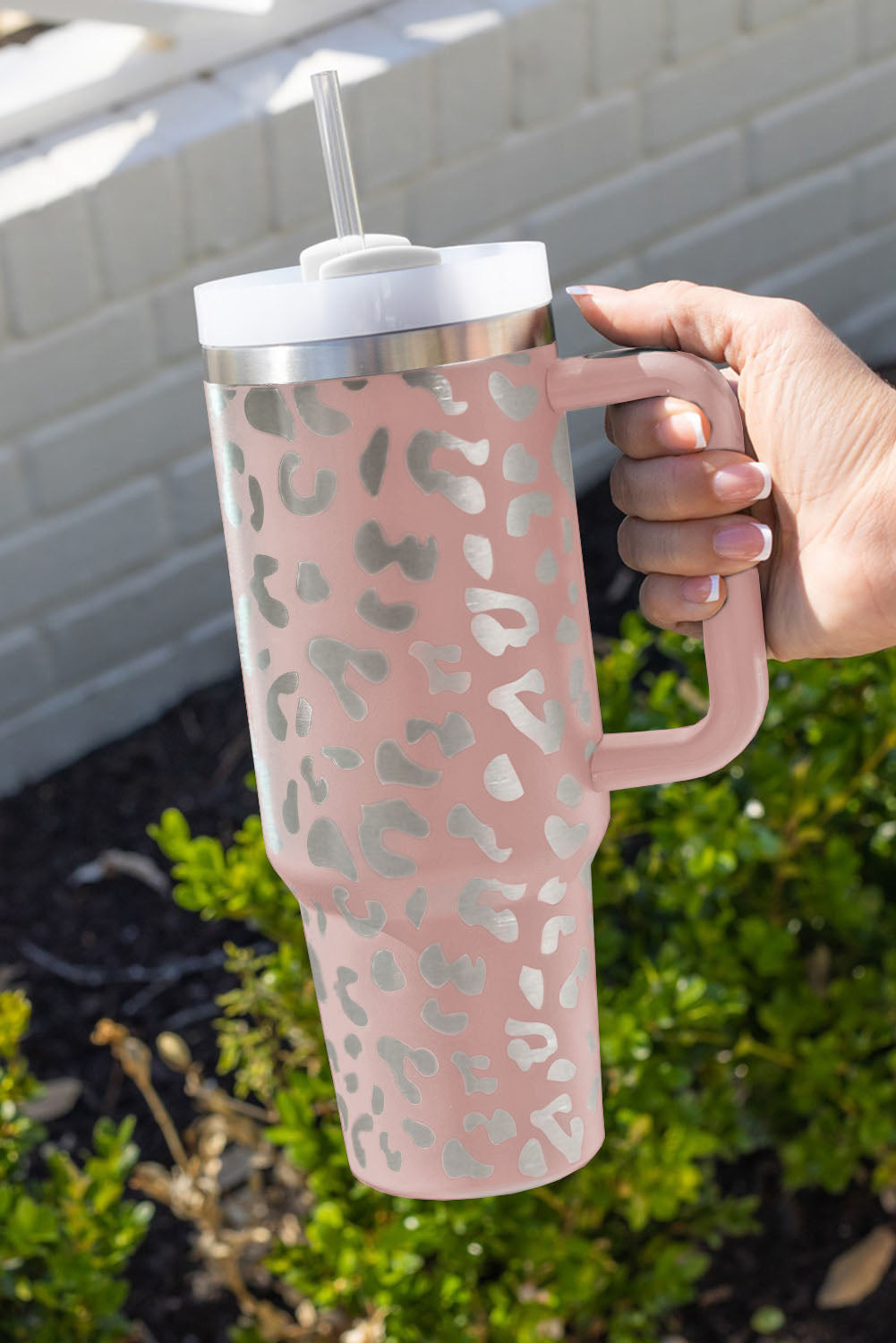 White Leopard Print 40OZ Stainless Steel Portable Cup with Handle