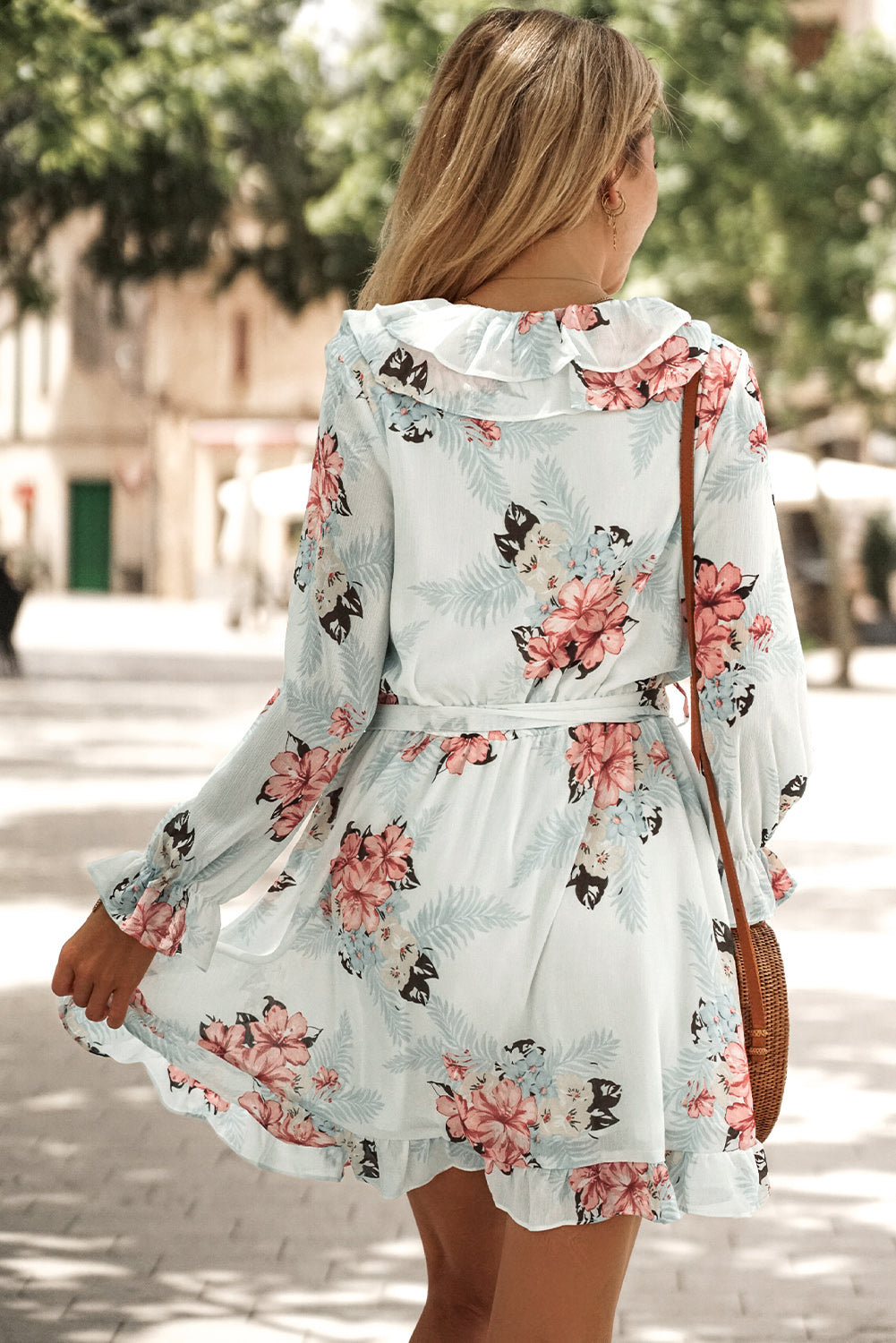 Ruffled V Neck Long Sleeve Floral Dress