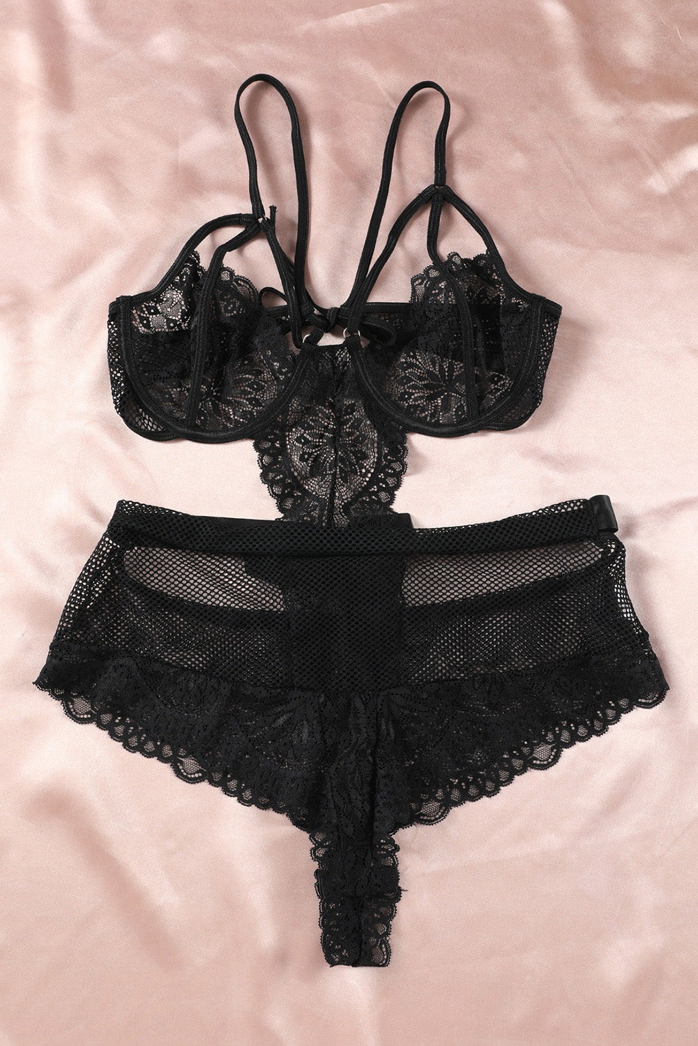 Black Plus Fishnet Lace Hollow-out Teddy Lingerie