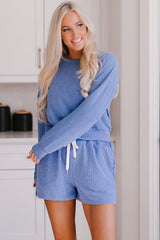 Blue Ribbed Texture Pullover and Drawstring Shorts Lounge Set