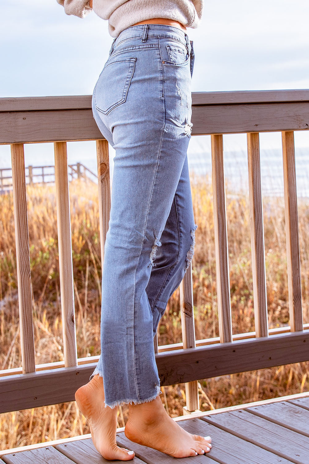 Sky Blue Ripped Slim Fit Washed Jeans