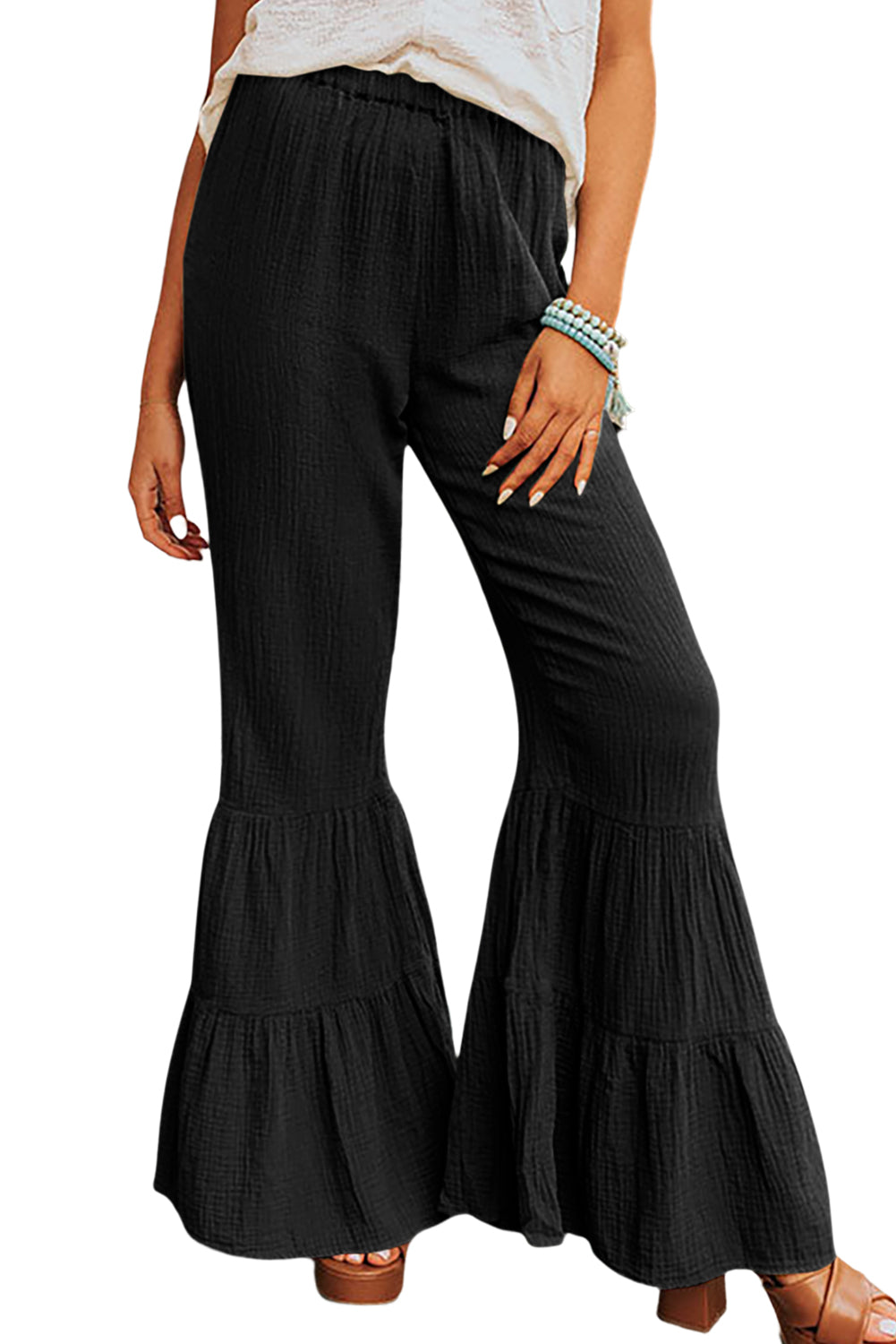 Black Textured High Waist Ruffled Bell Bottom Pants