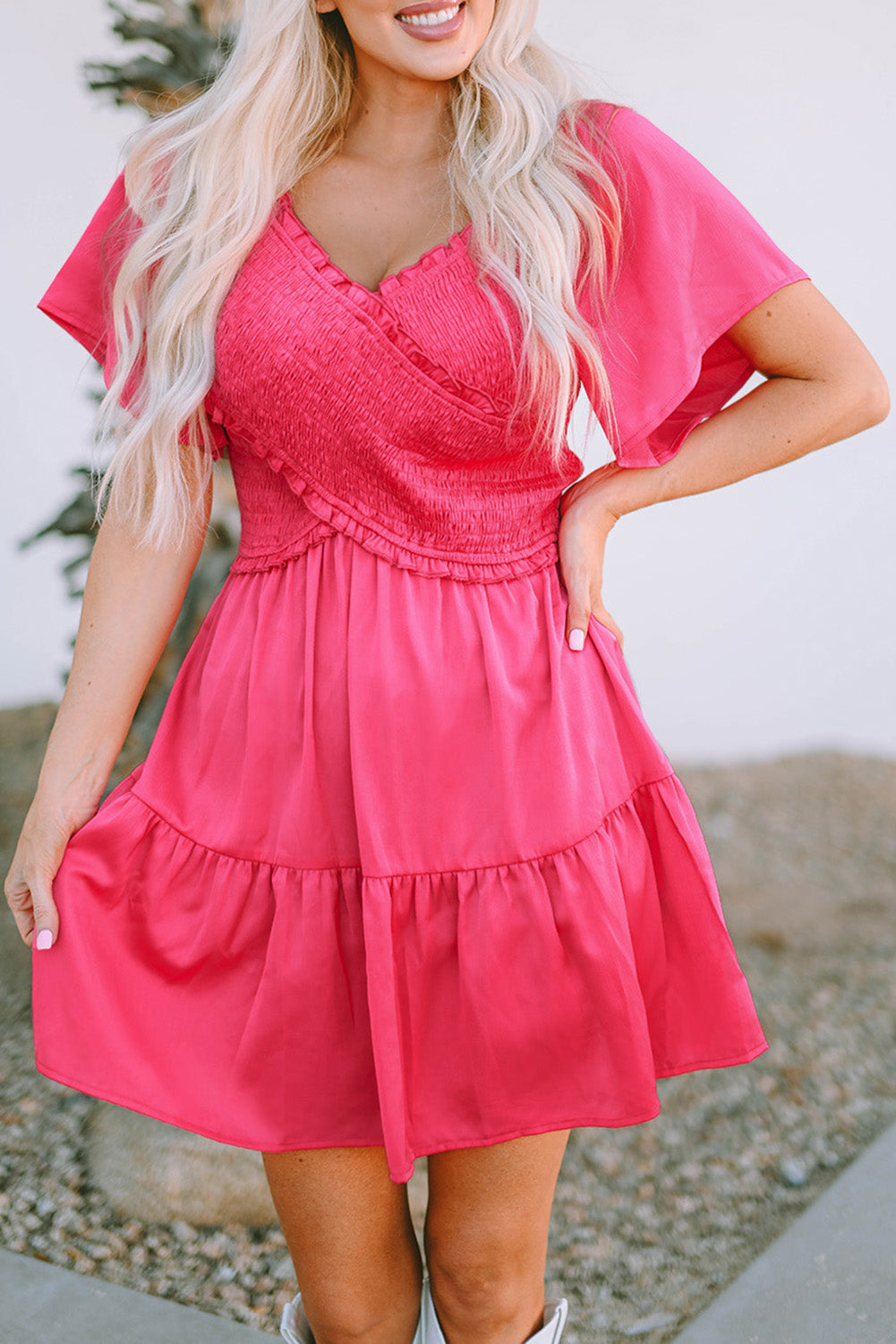 Rose Crossover Smocked Flutter Sleeve Mini Dress