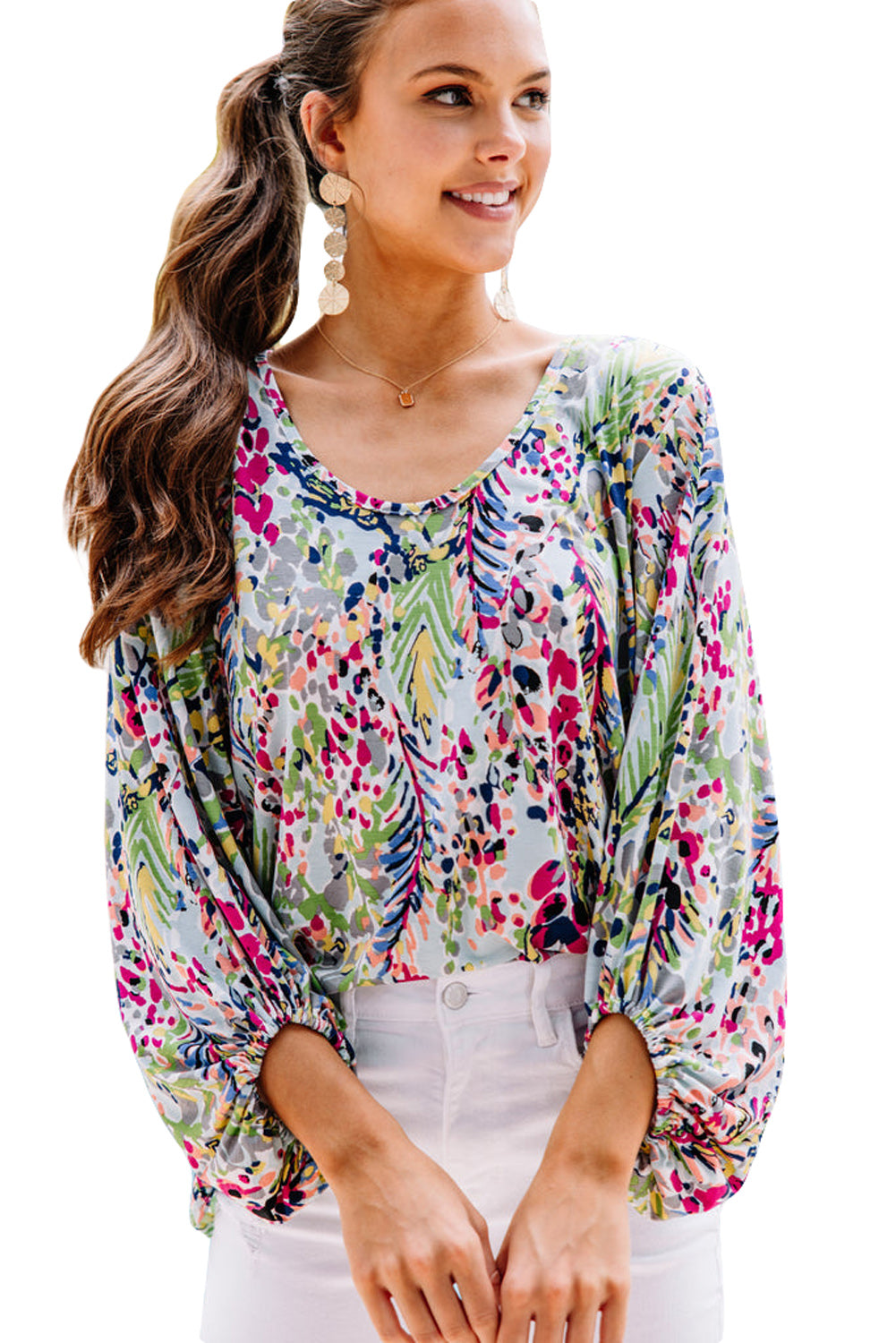 Pink Floral Print Ruffle Sleeve Babydoll Top