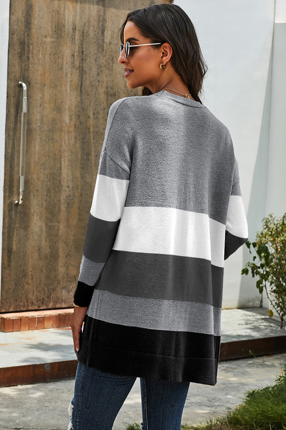 Khaki Open Front Colorblock Cardigan with Pockets