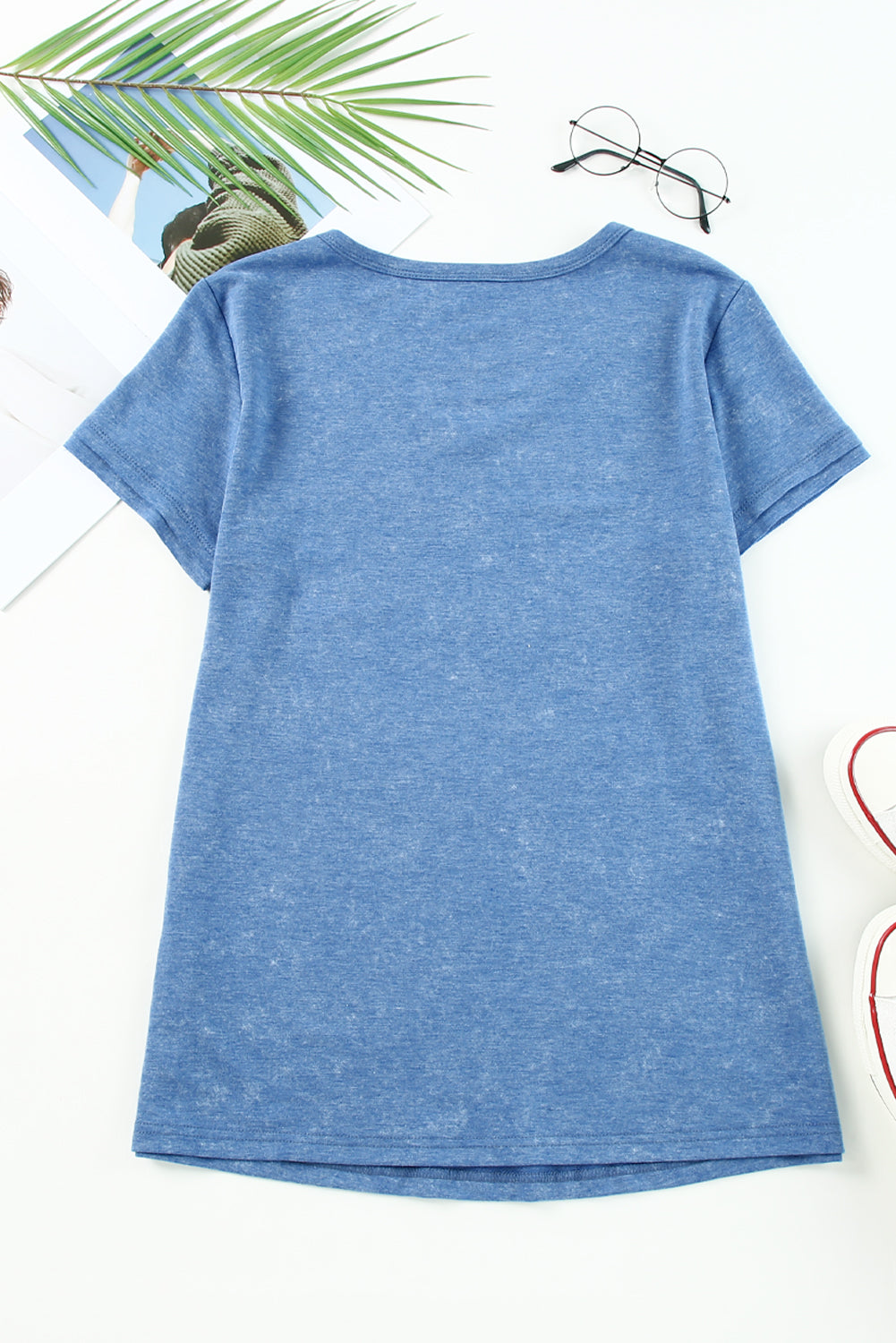 Sky Blue Mineral Washed V Neck Short Sleeve T Shirt