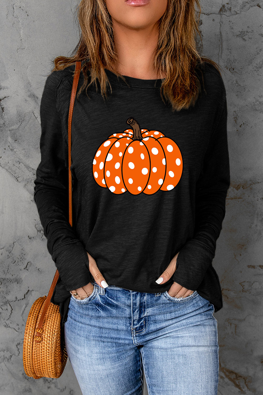 Black Halloween Pumpkin Graphic Thumbhole Sleeve Top