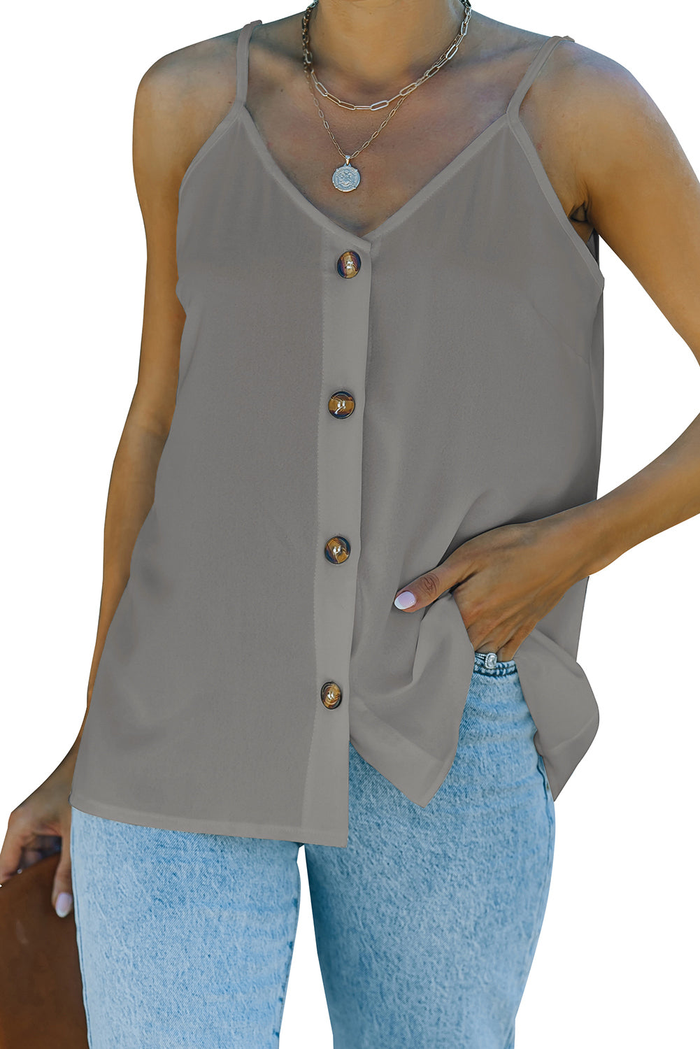 Gray Spaghetti Strap Buttoned Tank Top