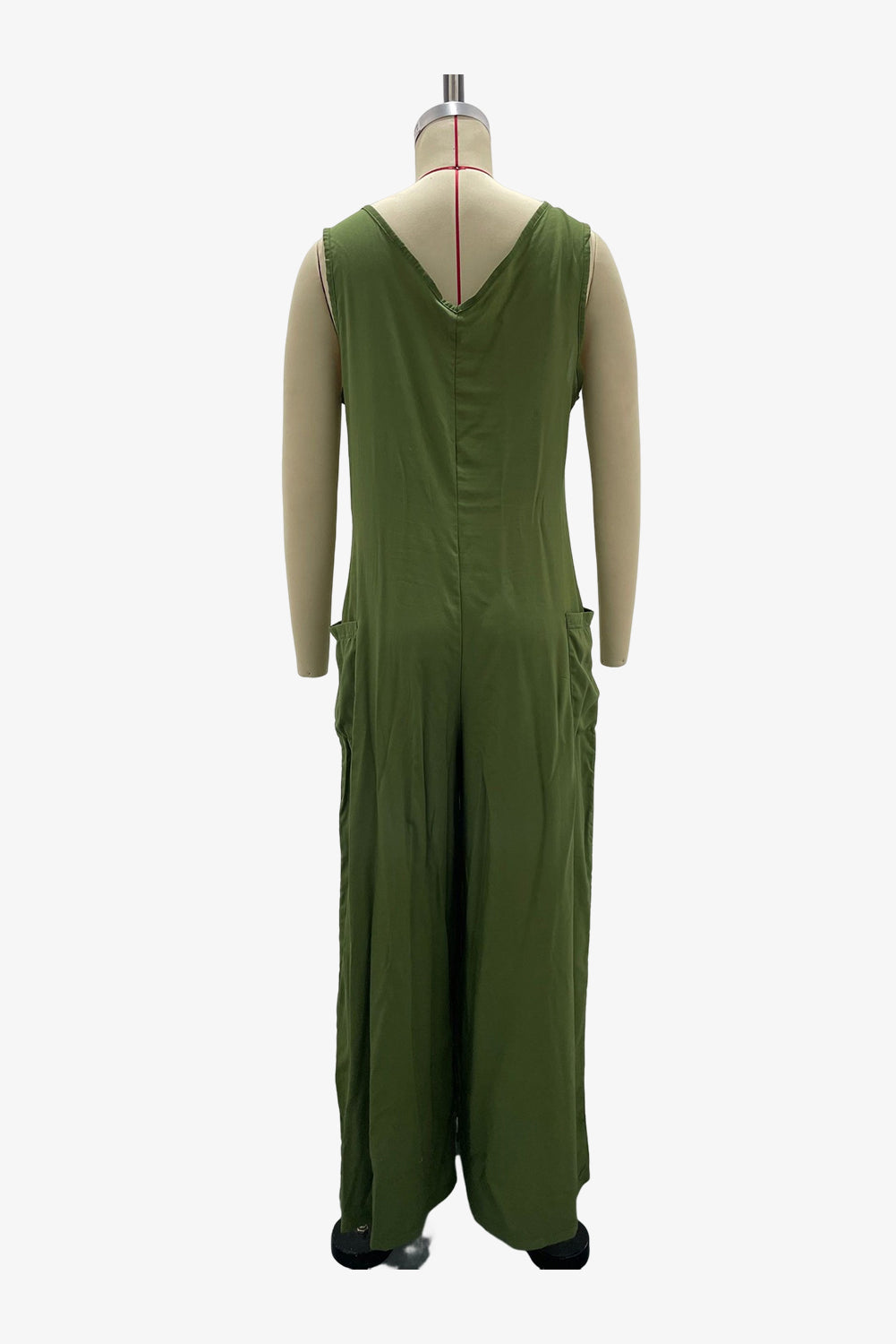 Green Sleeveless V Neck Wide Leg Jumpsuit with Pockets