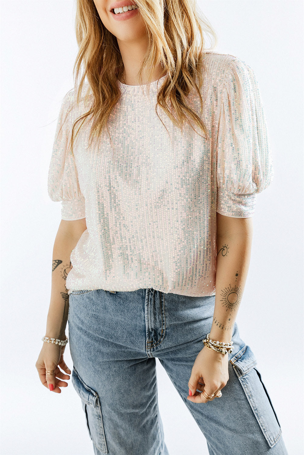 Apricot Sequin Puff Sleeve Top