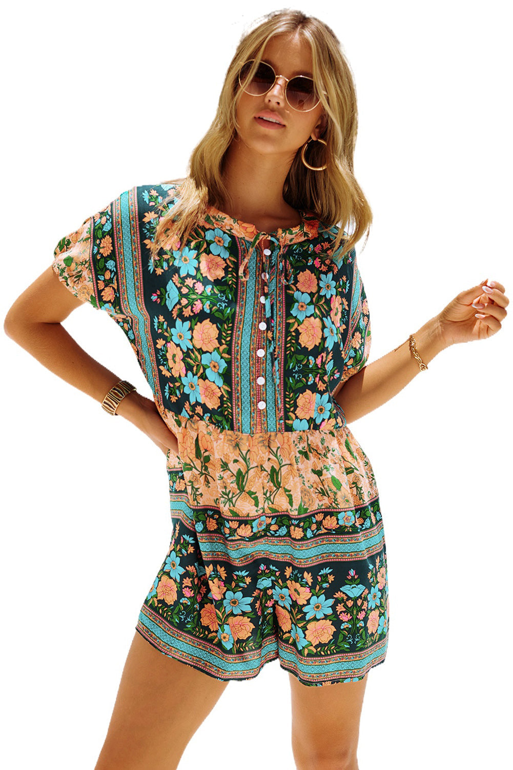 Multicolor Spring Floral Buttons Short Sleeve Romper