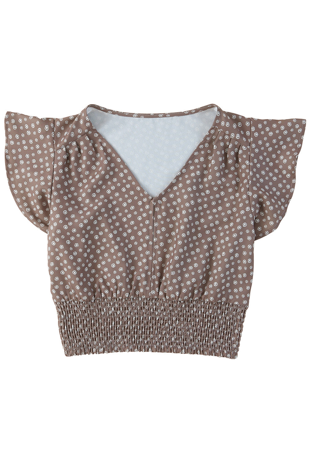 Brown V Neck Flutter Sleeves Polka Dot Smocked Hem Crop Top