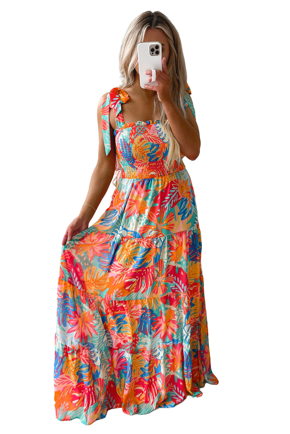 Multicolor Vibrant Tropical Print Smocked Ruffle Tiered Maxi Dress