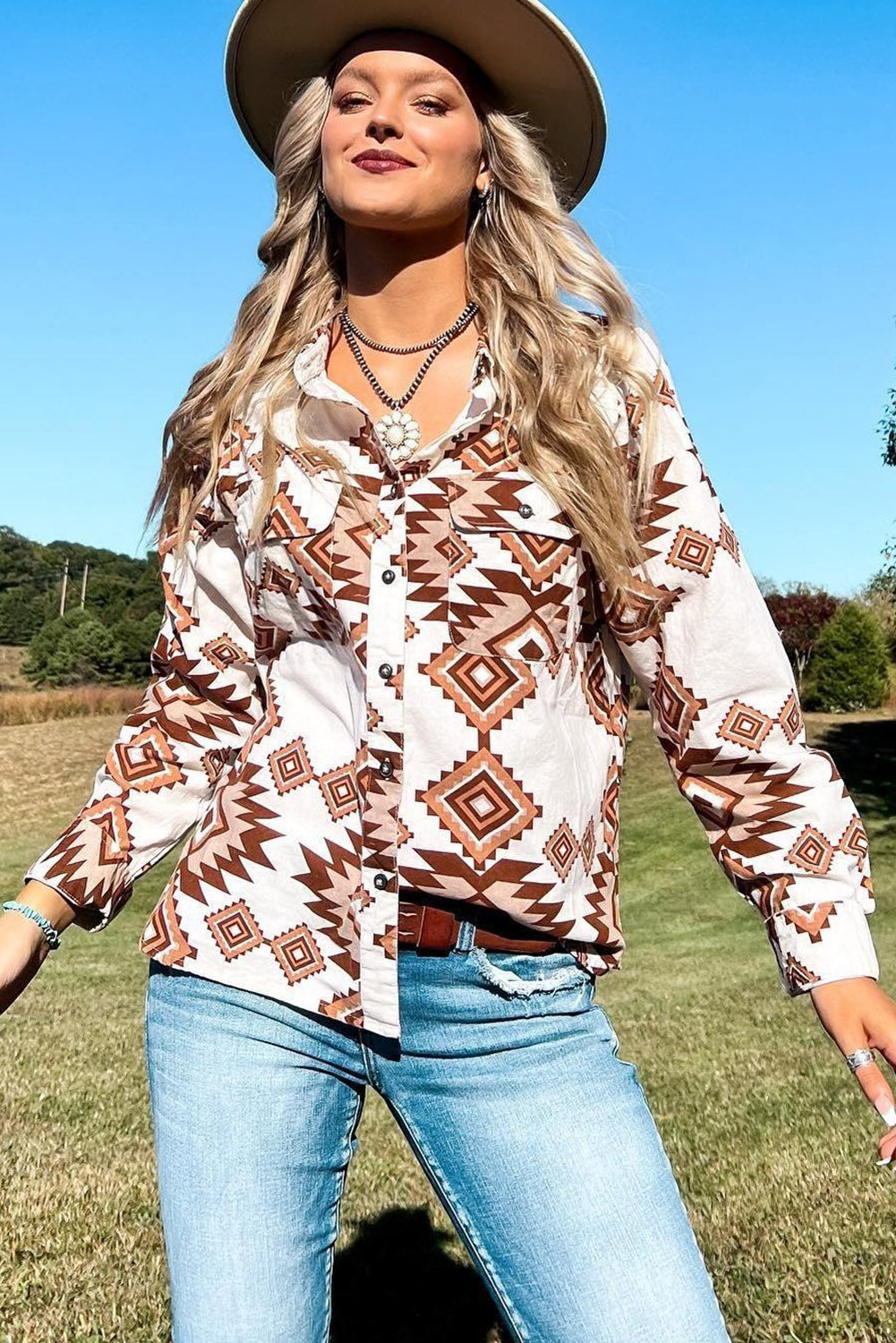 White Western Aztec Pattern Button Flap Pocket Shirt