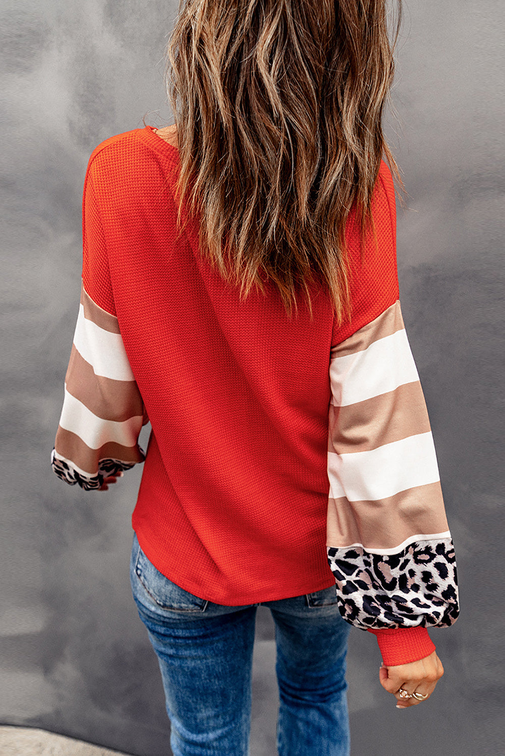 Orange V Neck Leopard Stripe Splice Lantern Sleeve Top