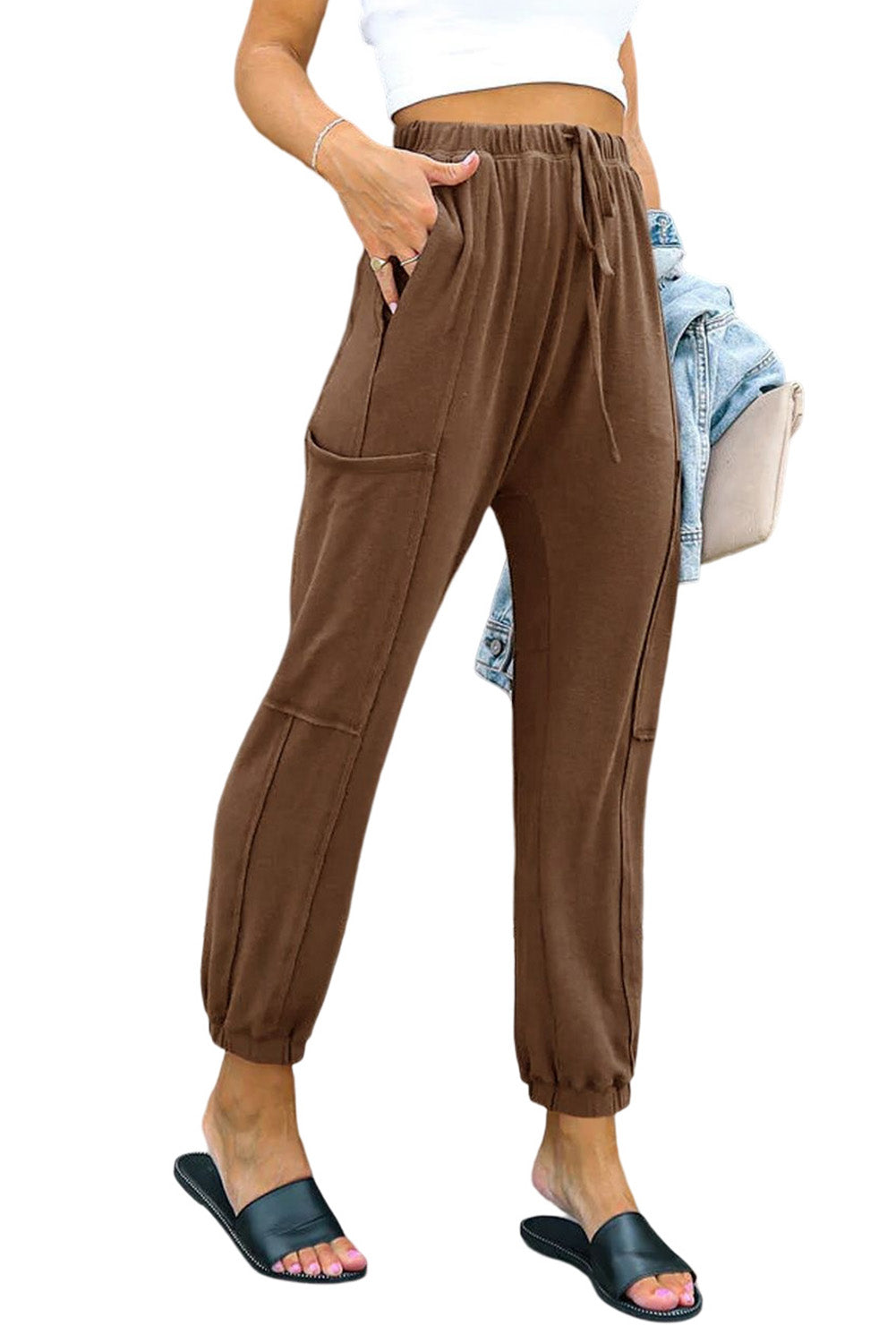 Brown Multi-pockets Drawstring High Waist Joggers