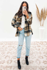 Khaki Retro Plaid Button Flap Pocket Shacket