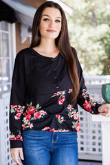 Black Plus Size Floral Printed Splicing Half Button Top