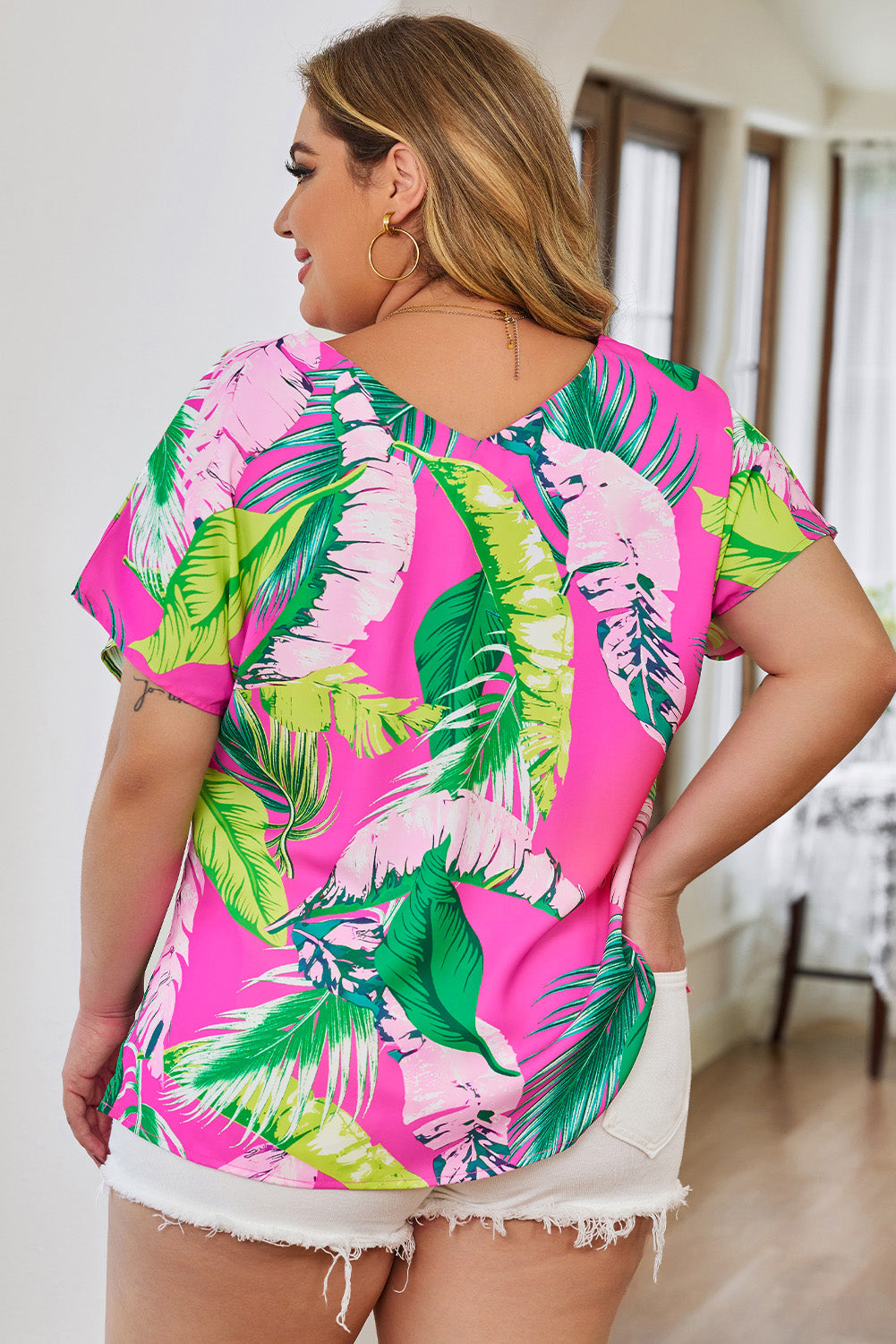 Rose Tropical Leaf Print Plus Size V Neck Blouse