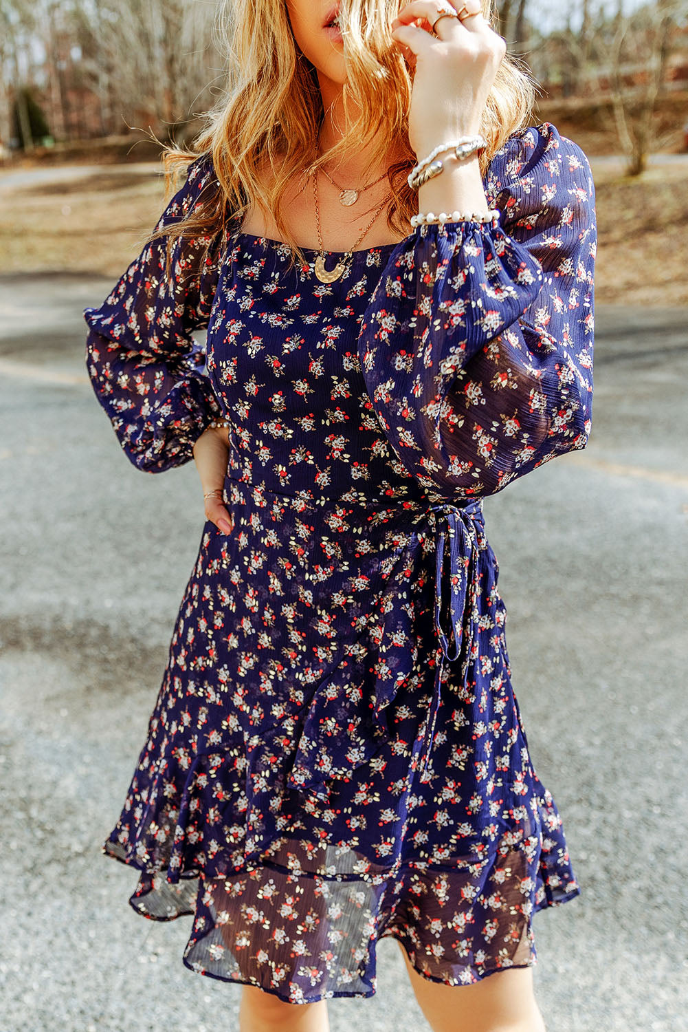 Blue Floral Print Smocked Square Neck Bubble Sleeve Dress