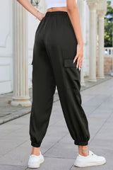 Black Satin Pocketed Drawstring Elastic Waist Pants