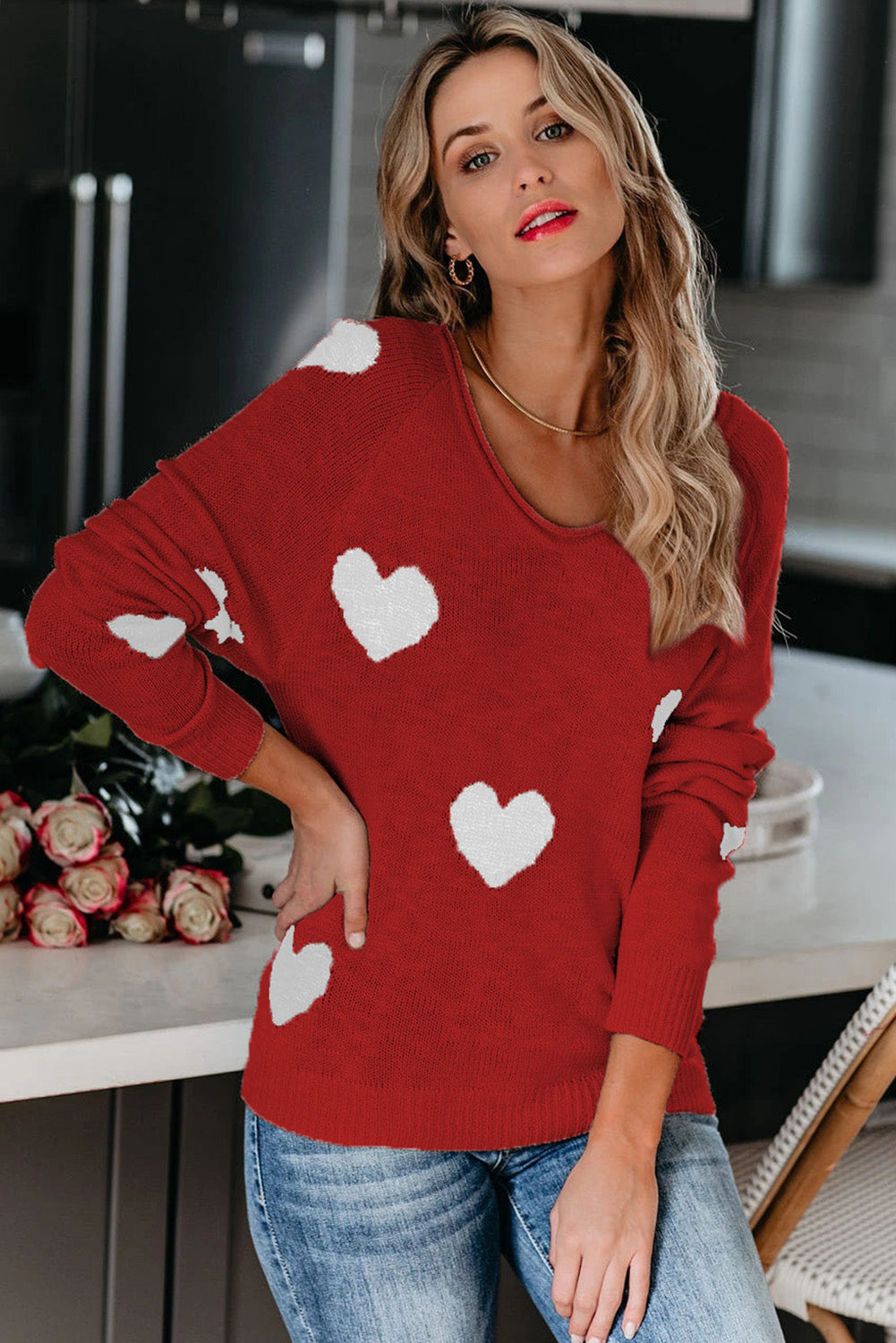 Red Heart Pattern V Neck Knit Sweater