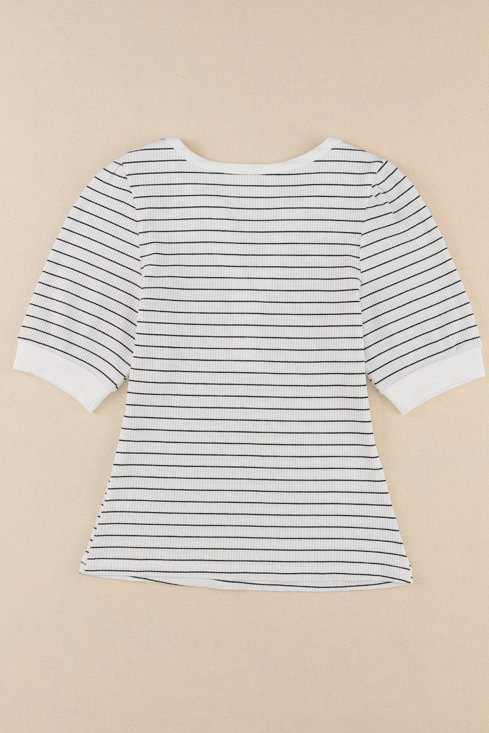 White Striped Print Notch V Neck Short Sleeve Top