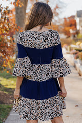 Leopard Splicing High Waist Long Sleeve Dress